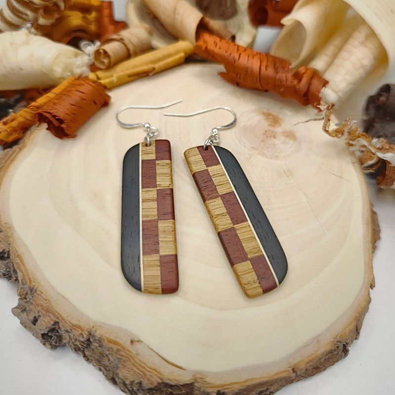 Boucles d'oreilles longues en Chêne, Amarante, Ebène et Erable